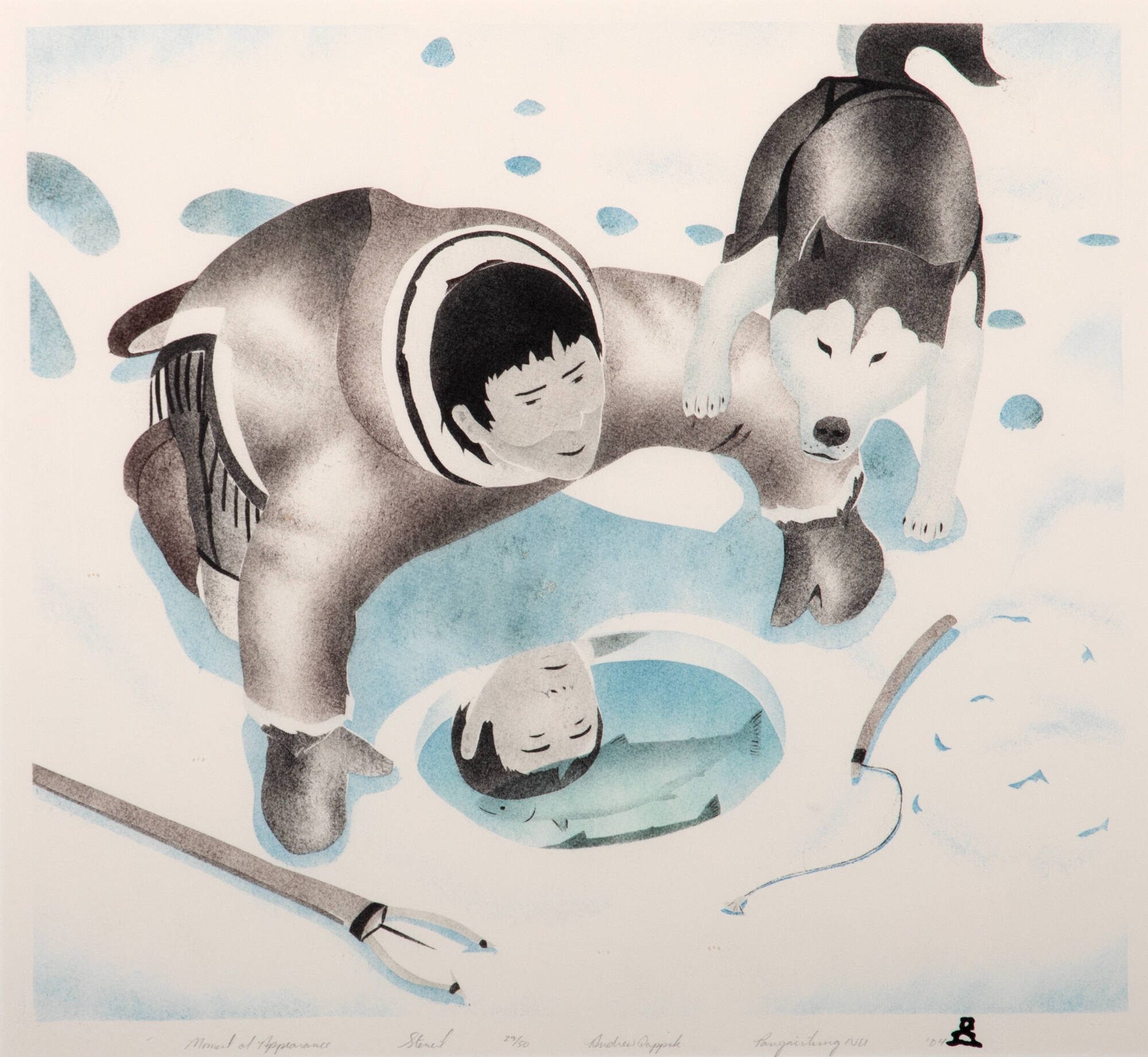 Illustration of Inuit man looking into a hole in the ice. He has a fishing pole and a dog leaning on his arm.